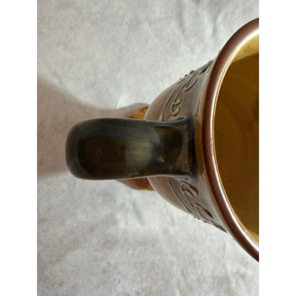Pier 1 P1 Ceramic Pedestal Mug Brown Glazed Scrollwork‎ Footed Coffee Cup